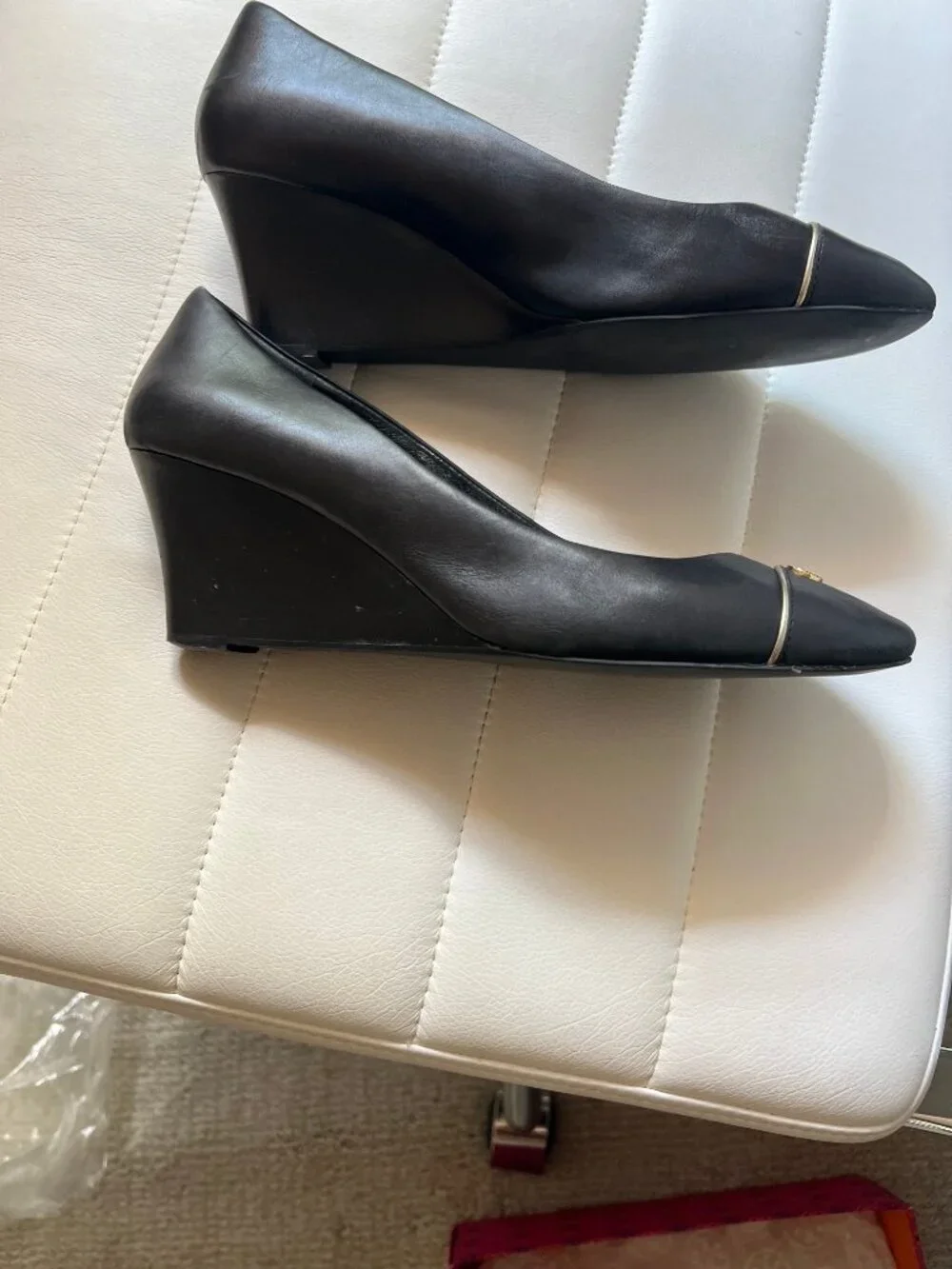 Tory Burch Black Leather Wedge Pumps with Gold Logo- Size 10.5